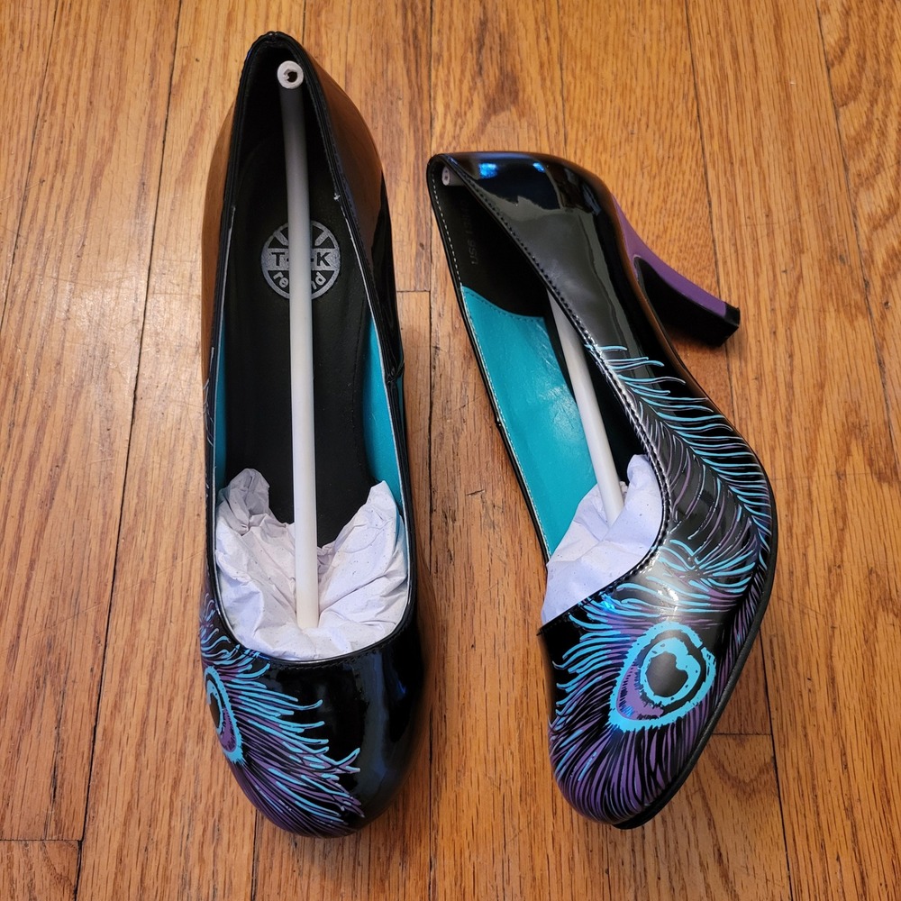 TUK Peacock Feather Black Vegan Heels Shoes US 6 EU 37 Steampunk Coquette